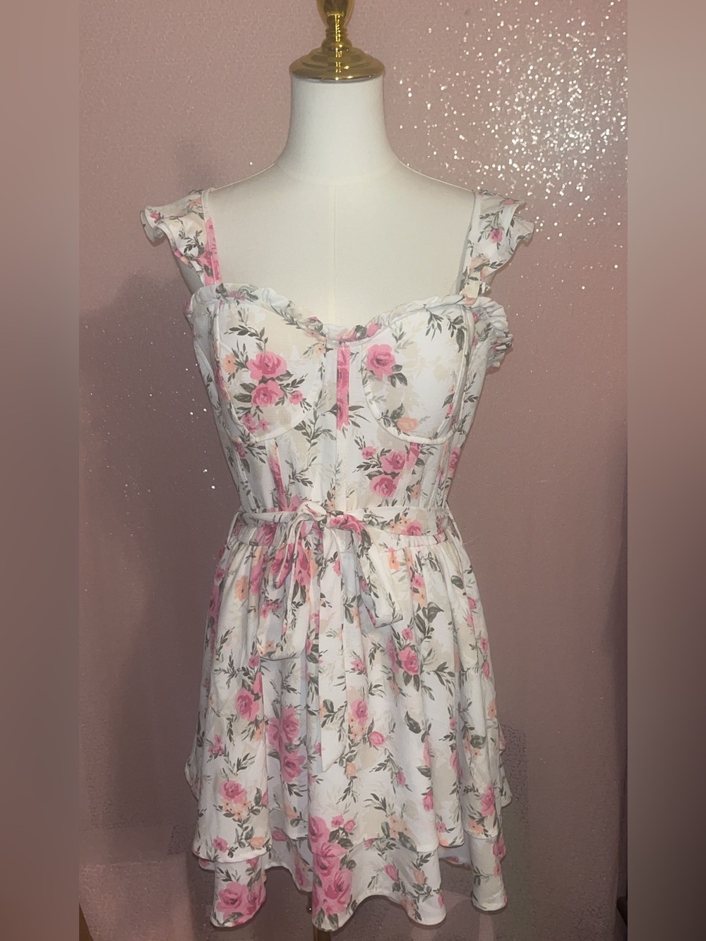 White & Pink Floral Mini Dress with Ruffle Straps